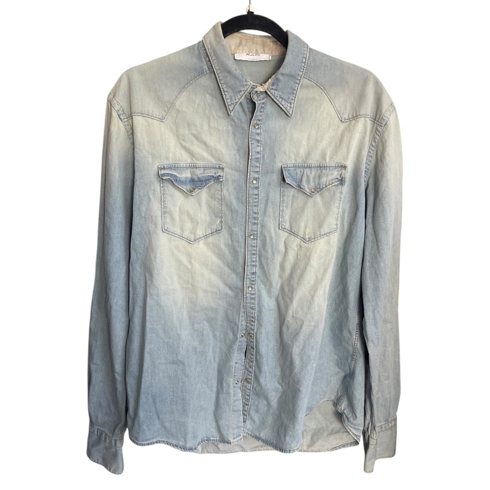 AGLINI Men's Light Wash Denim Western Shirt Size 41‎ Made in Italy